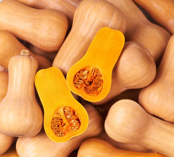 Butternut pumpkins, whole and halved, vibrant orange flesh.