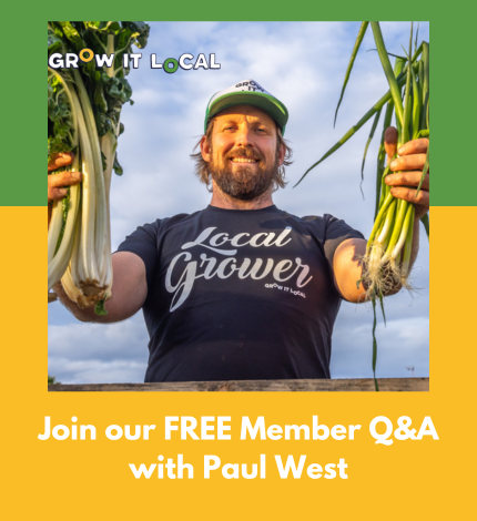 Man holding fresh onions, promoting local growers event.