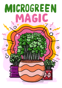 Illustration of potted microgreens with vibrant background.